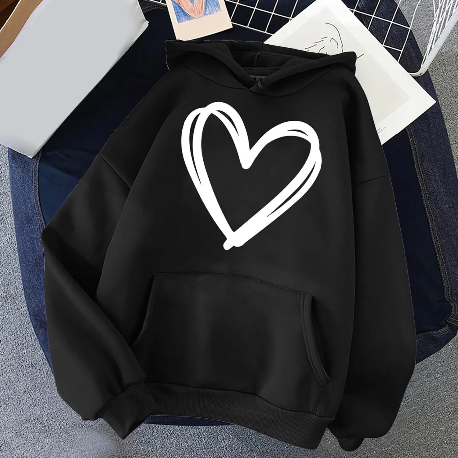 Oversized Women's Hoodies Print Love Heart 2024 Fashion Drawstring Long Sleeve Solid Pullover Sweatshirt with Pockets
