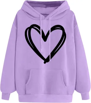 Oversized Women's Hoodies Print Love Heart 2024 Fashion Drawstring Long Sleeve Solid Pullover Sweatshirt with Pockets