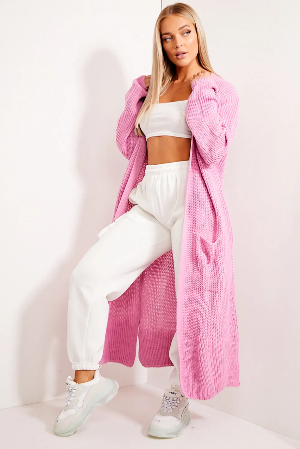Pink Longline Knitted Open Cardigan