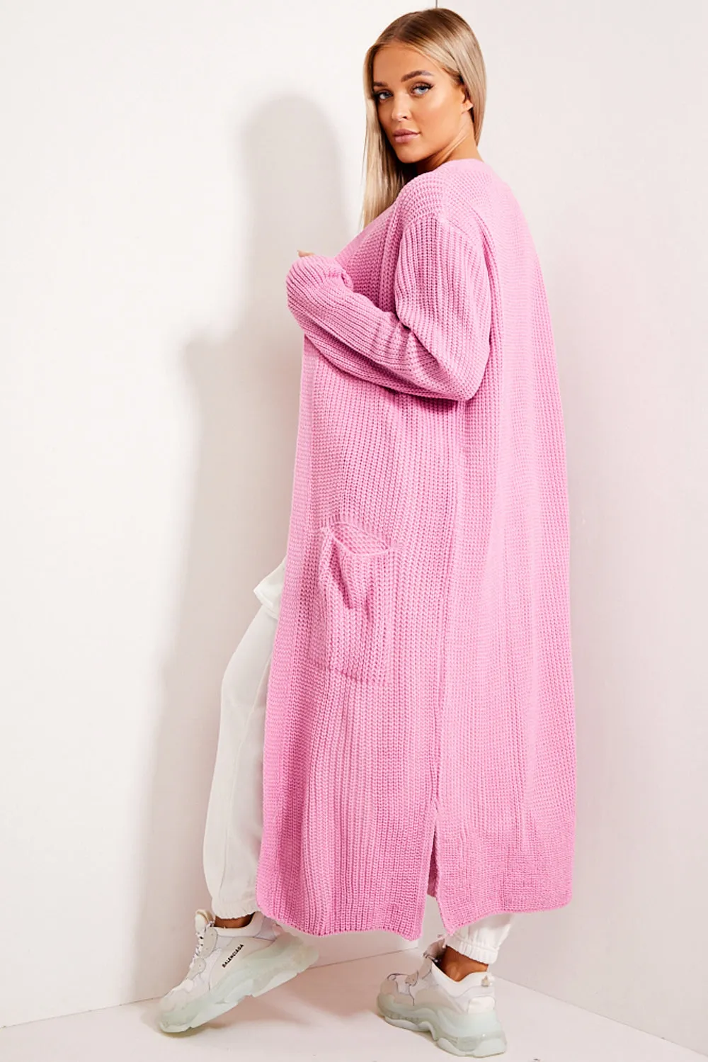 Pink Longline Knitted Open Cardigan