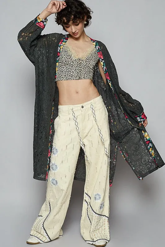 POL Clothing Floral Trim Lace Open Front Longline Cardigan