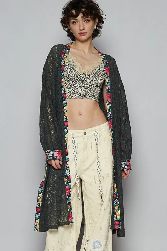 POL Clothing Floral Trim Lace Open Front Longline Cardigan