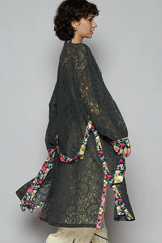 POL Clothing Floral Trim Lace Open Front Longline Cardigan