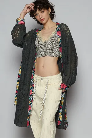 POL Clothing Floral Trim Lace Open Front Longline Cardigan