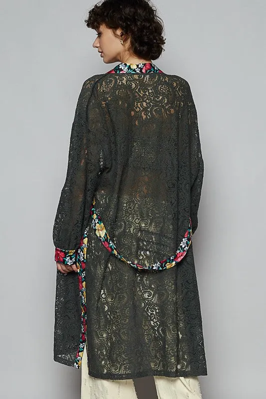 POL Clothing Floral Trim Lace Open Front Longline Cardigan