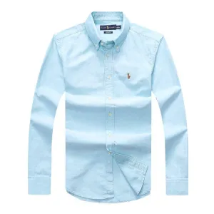 PRL Men's Plain Cotton  Logo Embroidered Blue Button Down Long Sleeve Shirt