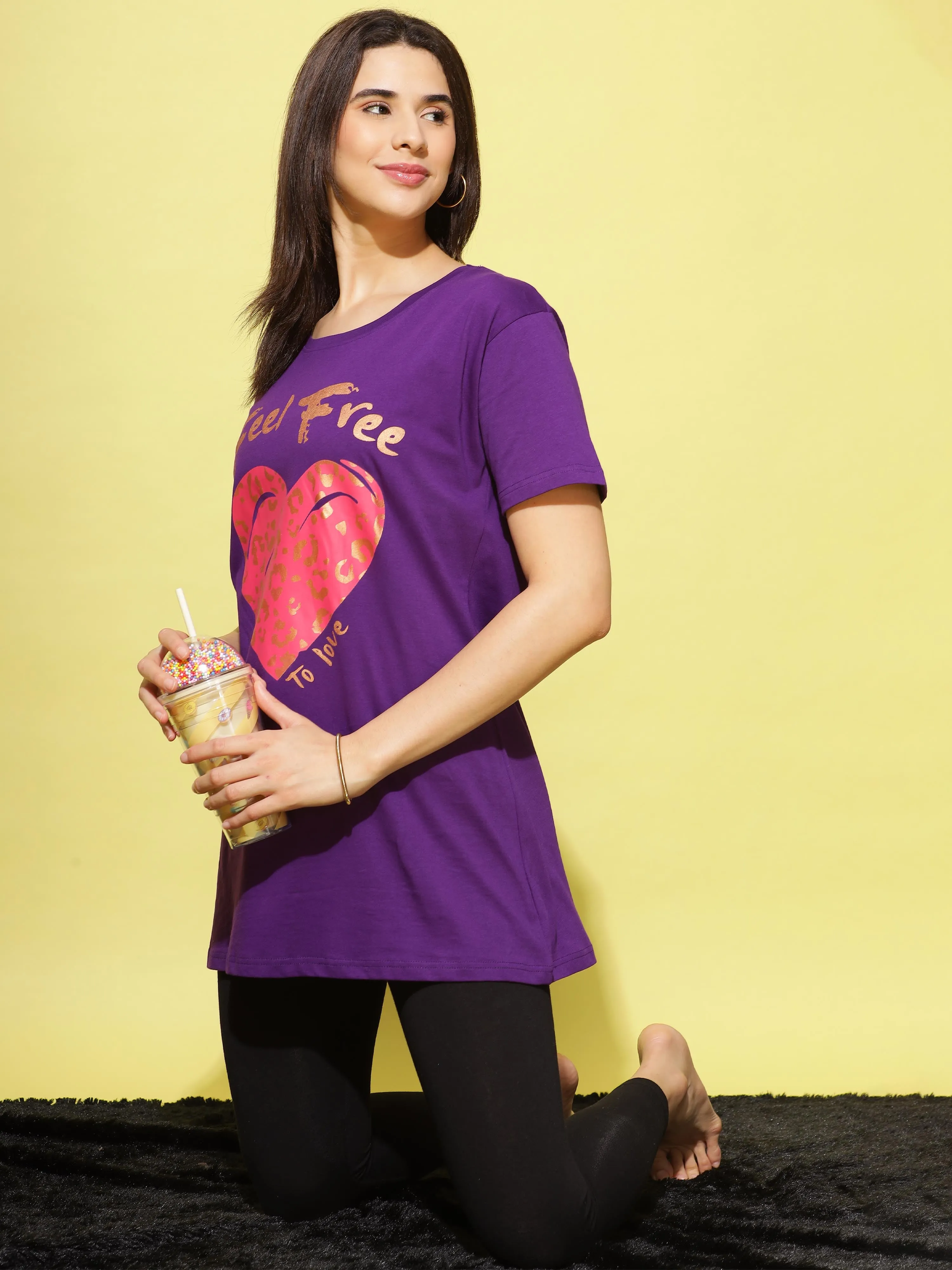 Purple Printed Long T-Shirt for Women Perfect for Casual Outings