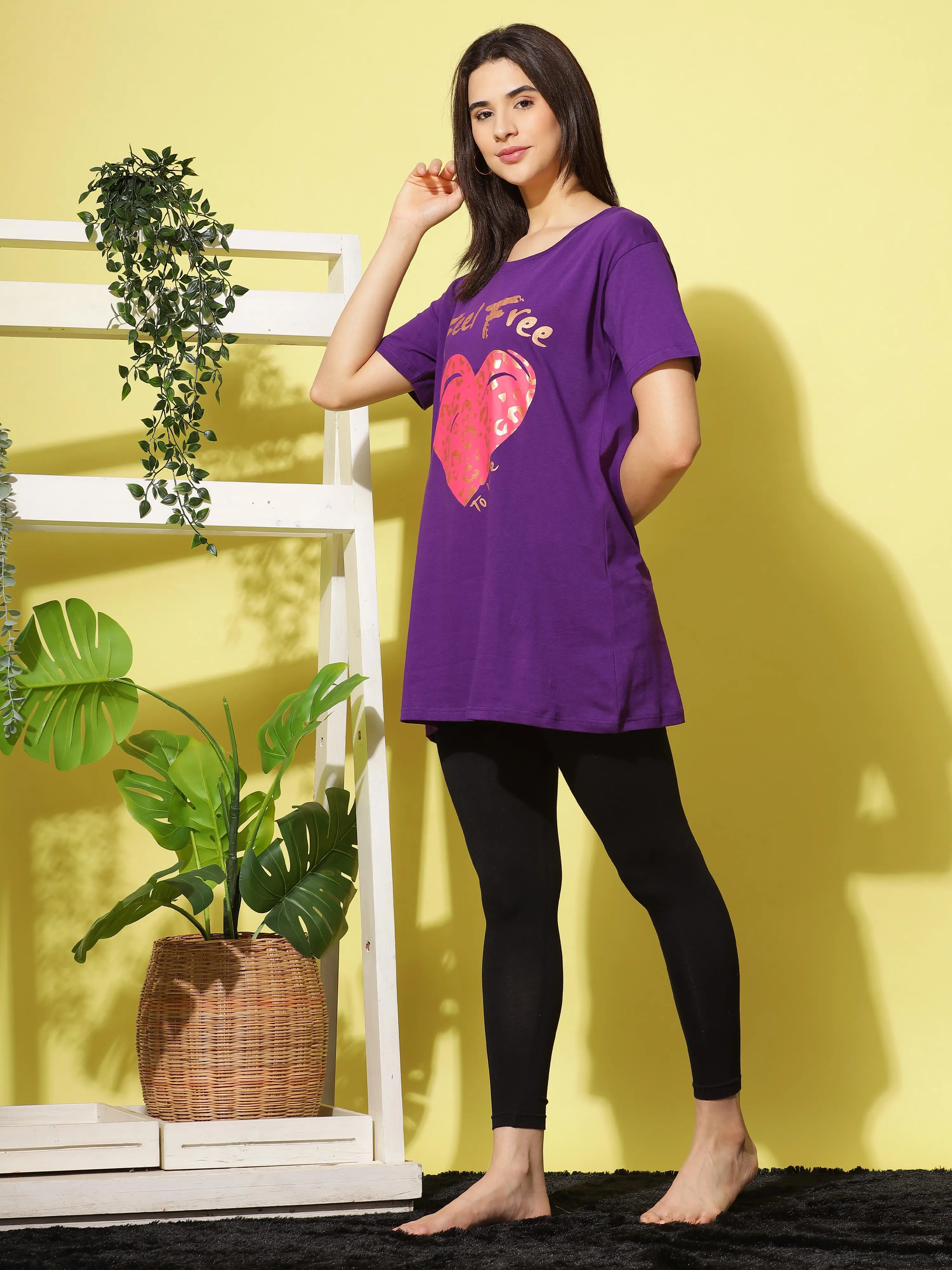 Purple Printed Long T-Shirt for Women Perfect for Casual Outings