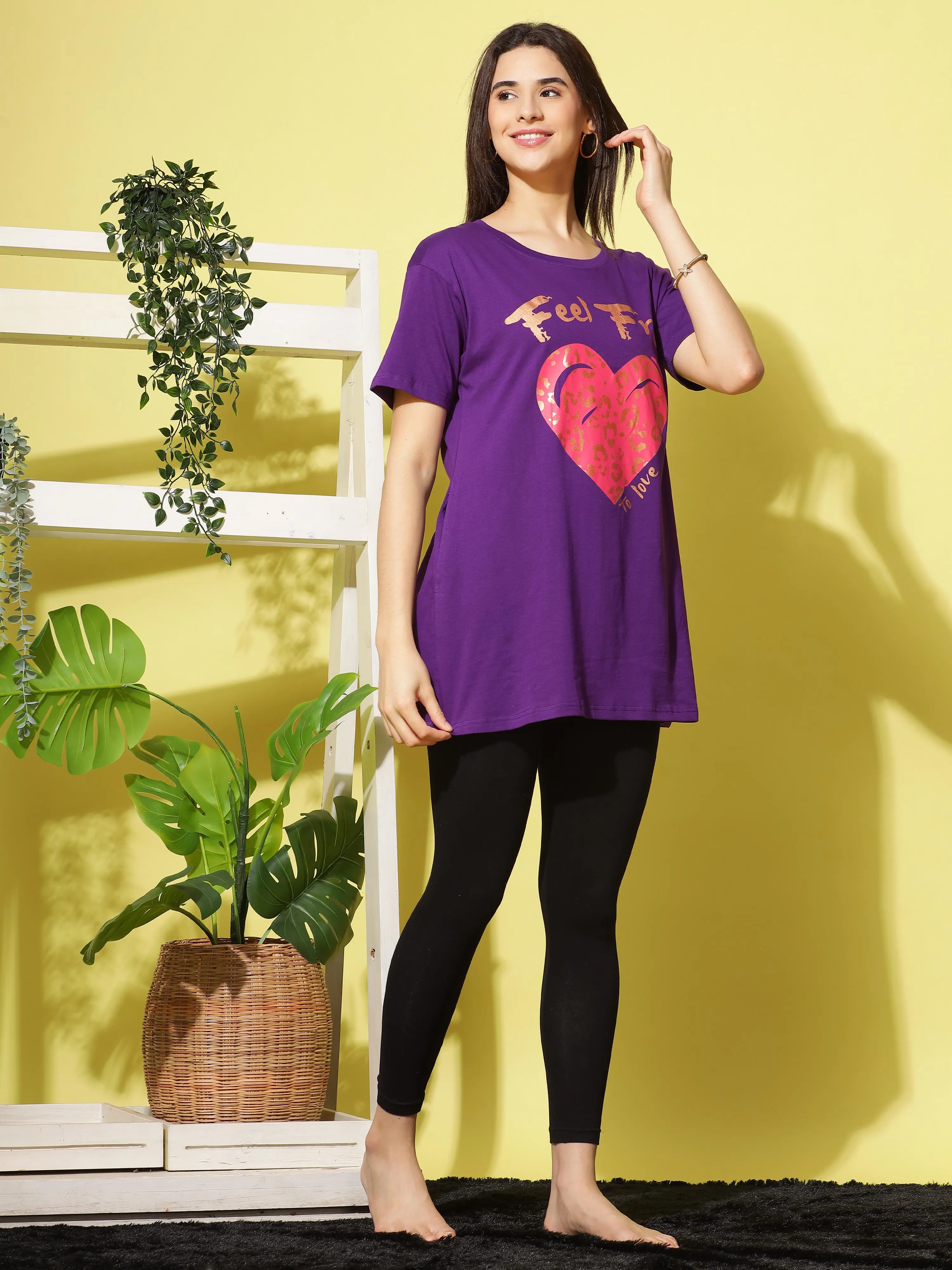 Purple Printed Long T-Shirt for Women Perfect for Casual Outings