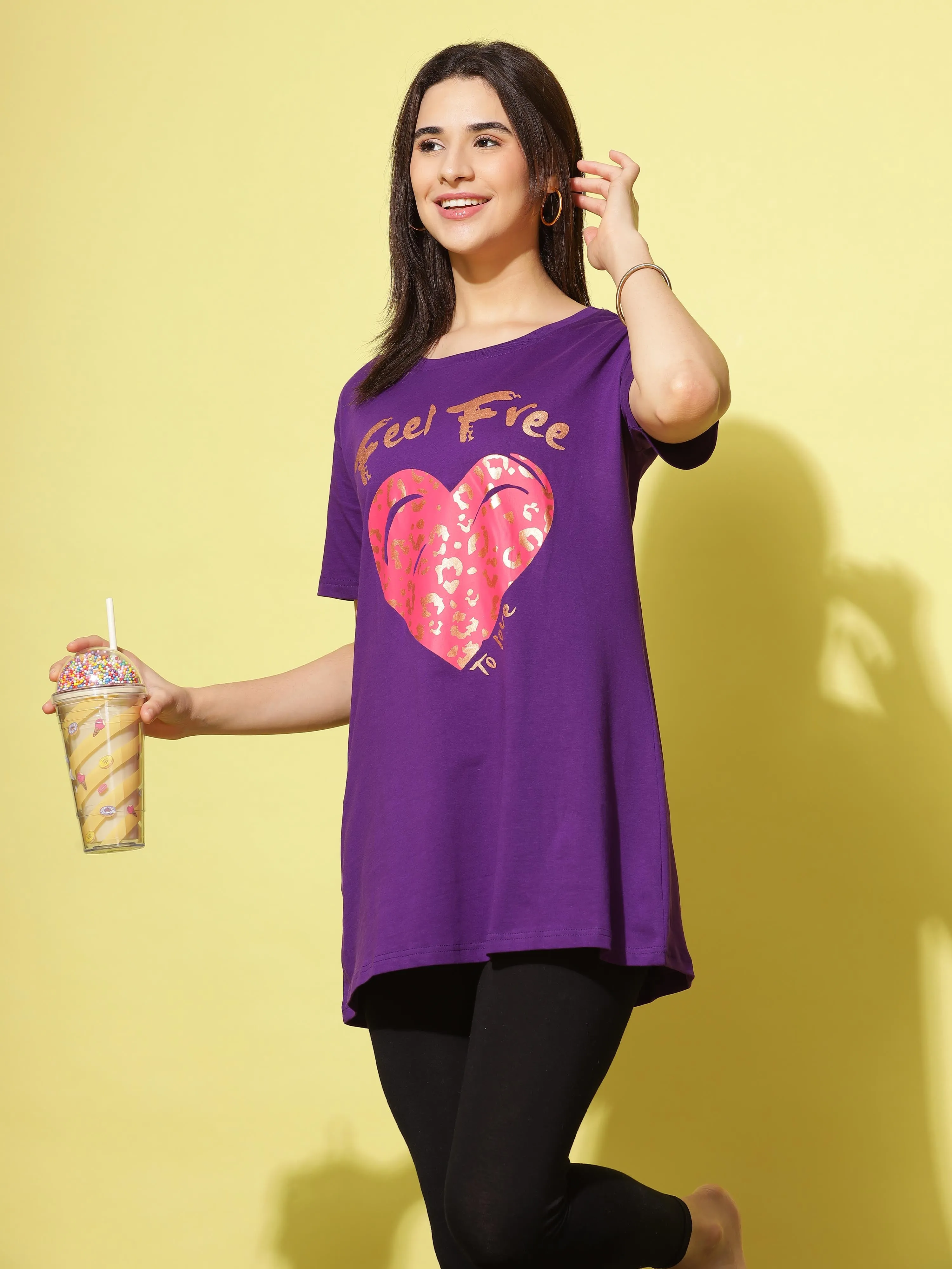 Purple Printed Long T-Shirt for Women Perfect for Casual Outings