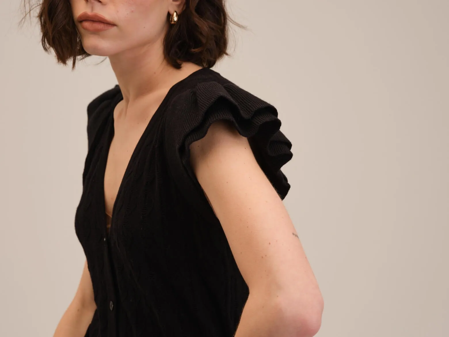 Ribbed Flutter Sleeve Pointelle Cardigan