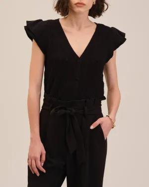 Ribbed Flutter Sleeve Pointelle Cardigan
