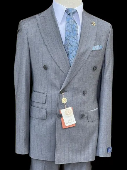 Romaster Mens Grey & Blue Pinstriped Double Breasted Stretch Wool Suit