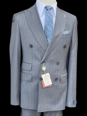 Romaster Mens Grey & Blue Pinstriped Double Breasted Stretch Wool Suit