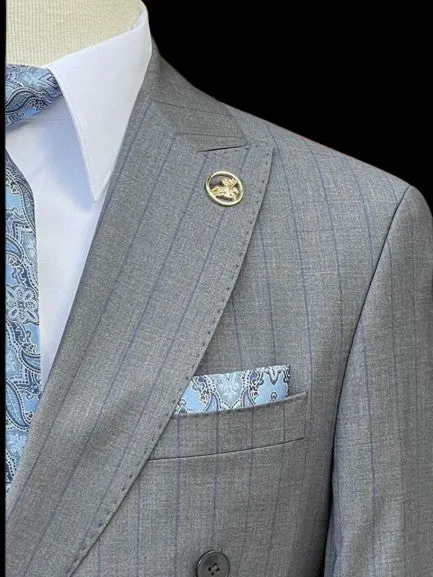 Romaster Mens Grey & Blue Pinstriped Double Breasted Stretch Wool Suit