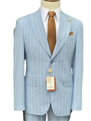 Romaster Mens Light Blue Pinstriped Slim Fit  Linen Blend 2 piece Suit