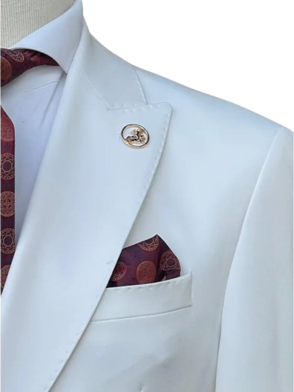 Romaster Mens White Slim Fit Stretch Double Breasted Wool Blend Suit