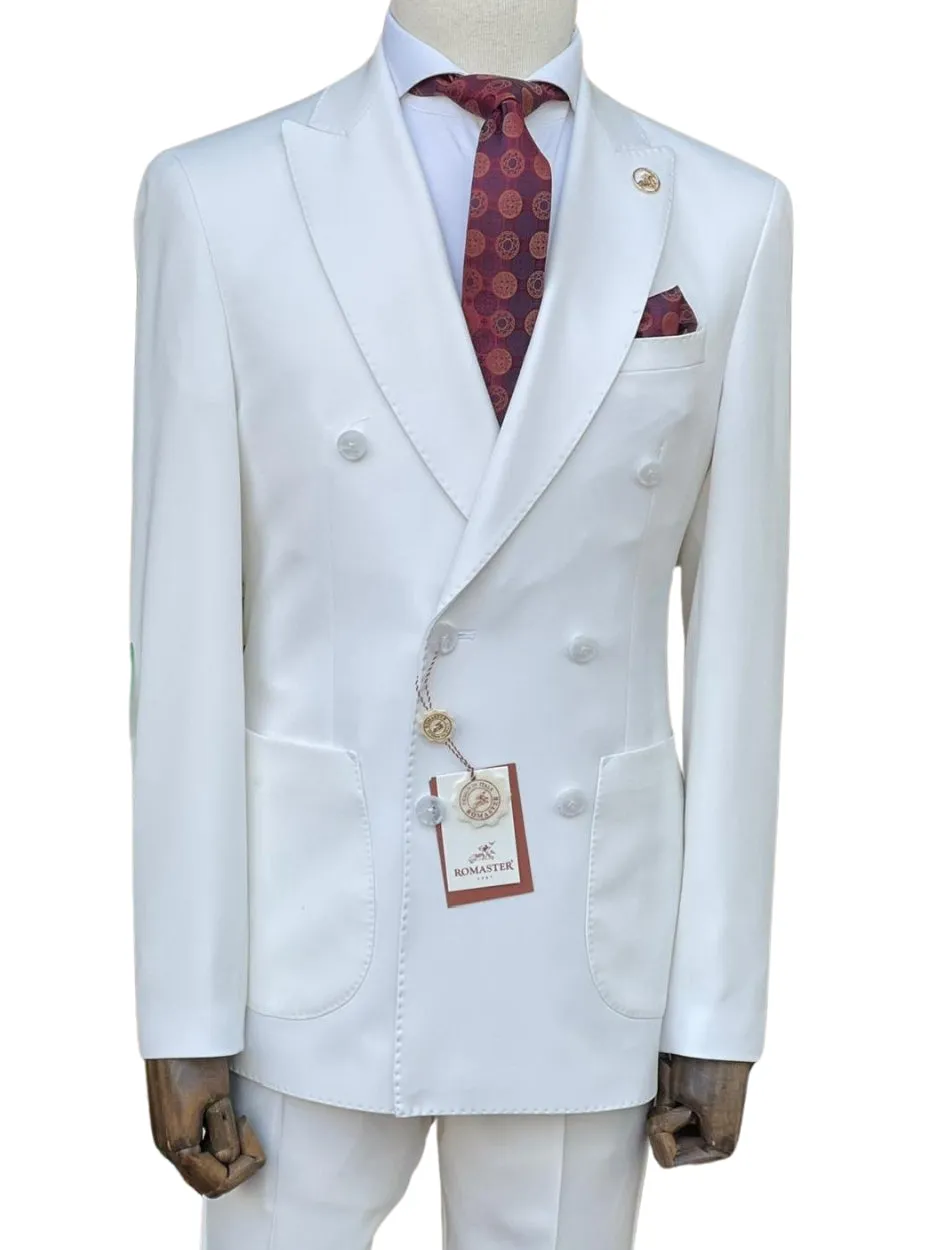 Romaster Mens White Slim Fit Stretch Double Breasted Wool Blend Suit