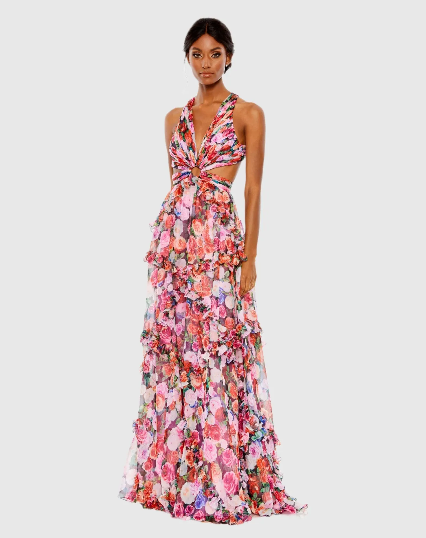 Ruffled cut out sleeveless gown - Multi