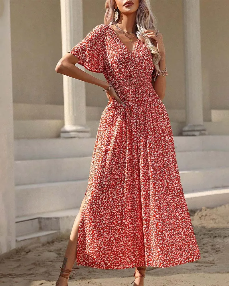 Side slit short sleeve elegant dress