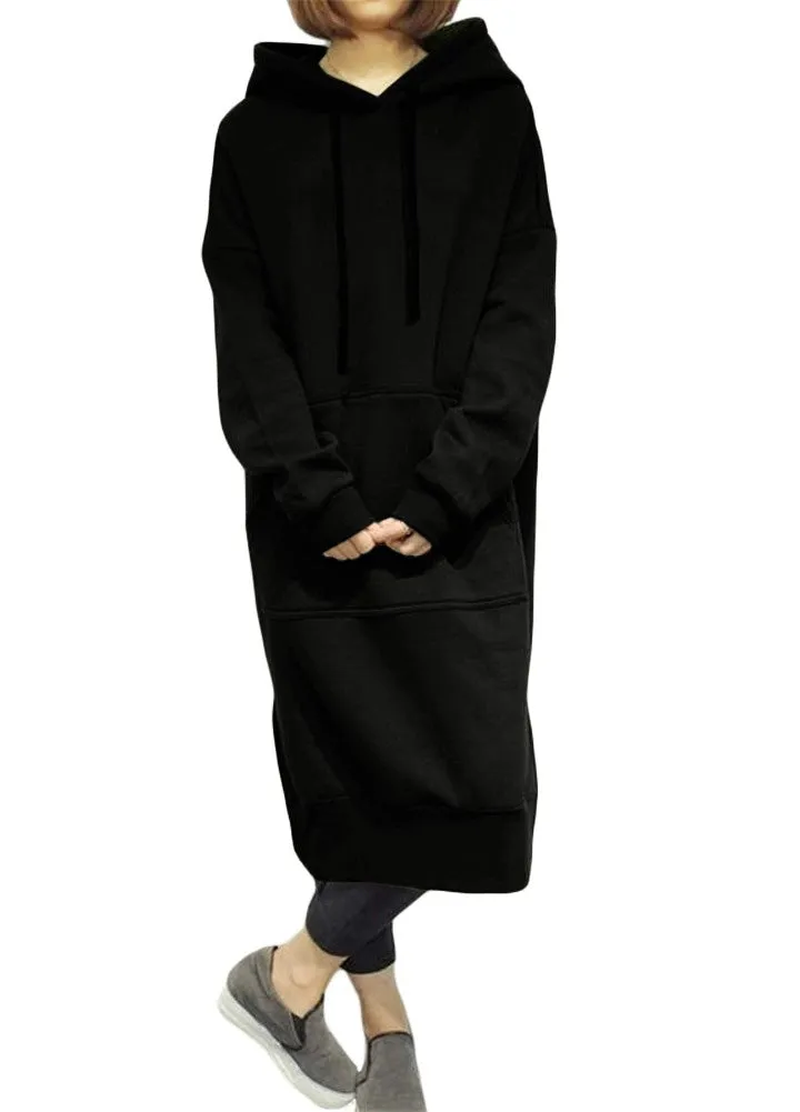 Sidiou Group New Women Loose Long Sweatshirt Solid Long Sleeve Pockets Split Casual Warm Hoodies