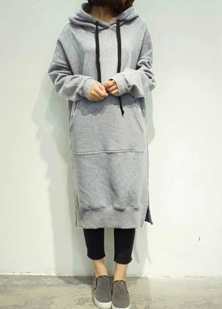 Sidiou Group New Women Loose Long Sweatshirt Solid Long Sleeve Pockets Split Casual Warm Hoodies