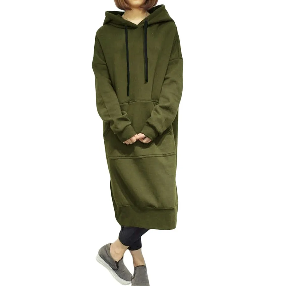 Sidiou Group New Women Loose Long Sweatshirt Solid Long Sleeve Pockets Split Casual Warm Hoodies