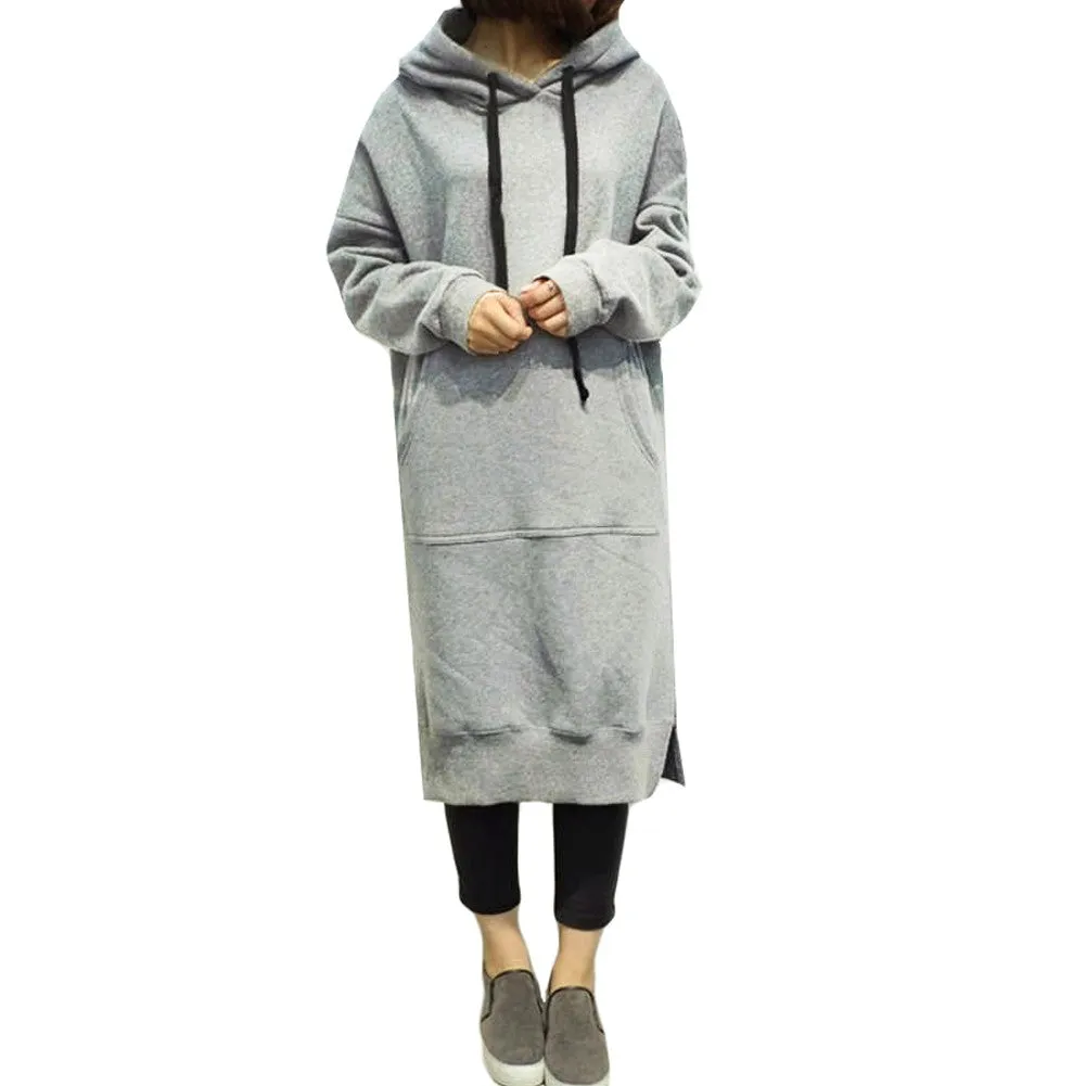 Sidiou Group New Women Loose Long Sweatshirt Solid Long Sleeve Pockets Split Casual Warm Hoodies