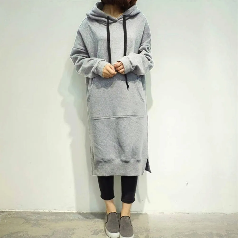 Sidiou Group New Women Loose Long Sweatshirt Solid Long Sleeve Pockets Split Casual Warm Hoodies