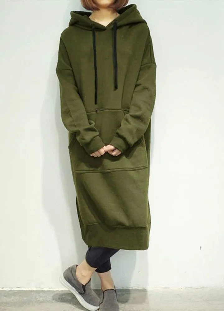 Sidiou Group New Women Loose Long Sweatshirt Solid Long Sleeve Pockets Split Casual Warm Hoodies