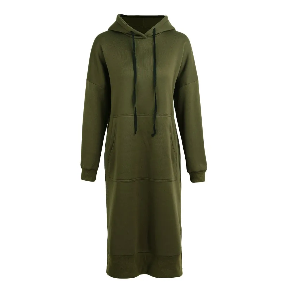 Sidiou Group New Women Loose Long Sweatshirt Solid Long Sleeve Pockets Split Casual Warm Hoodies