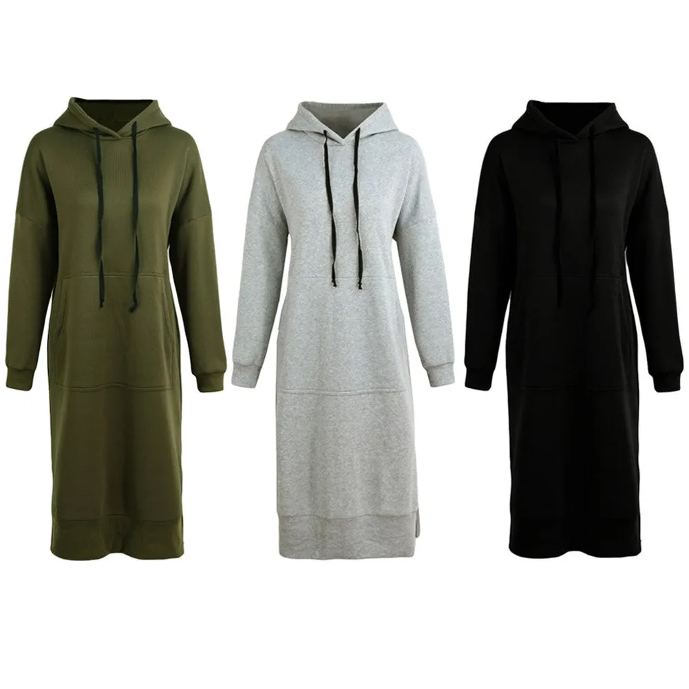 Sidiou Group New Women Loose Long Sweatshirt Solid Long Sleeve Pockets Split Casual Warm Hoodies