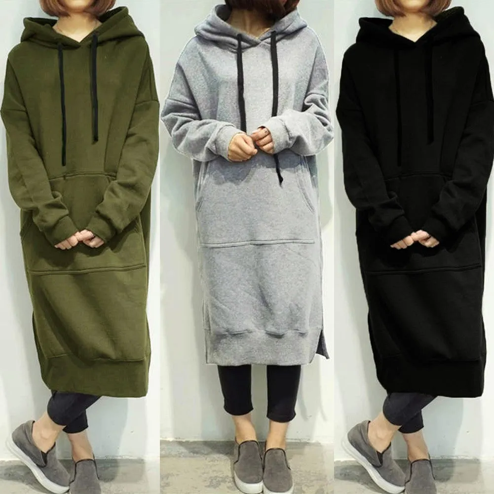 Sidiou Group New Women Loose Long Sweatshirt Solid Long Sleeve Pockets Split Casual Warm Hoodies