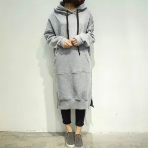 Sidiou Group New Women Loose Long Sweatshirt Solid Long Sleeve Pockets Split Casual Warm Hoodies