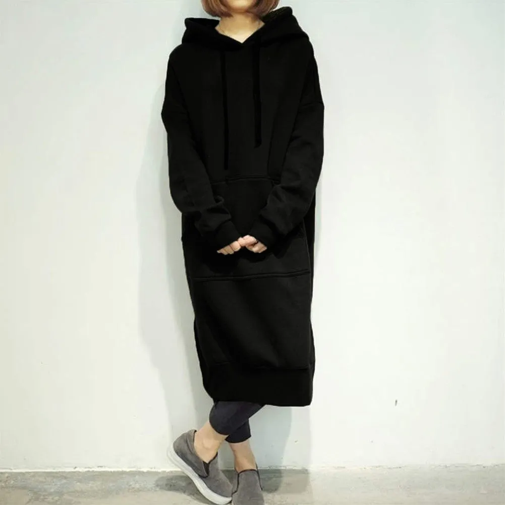 Sidiou Group New Women Loose Long Sweatshirt Solid Long Sleeve Pockets Split Casual Warm Hoodies