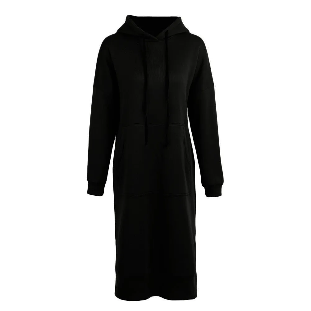 Sidiou Group New Women Loose Long Sweatshirt Solid Long Sleeve Pockets Split Casual Warm Hoodies