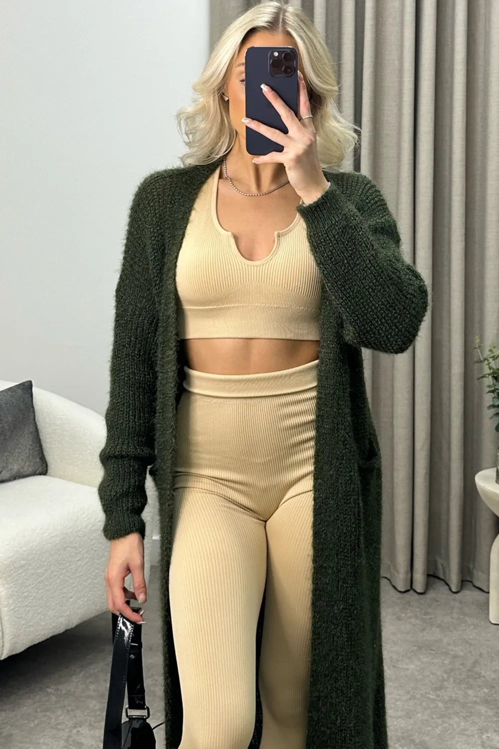Sohni Khaki Fluffy Longline Knitted Cardigan