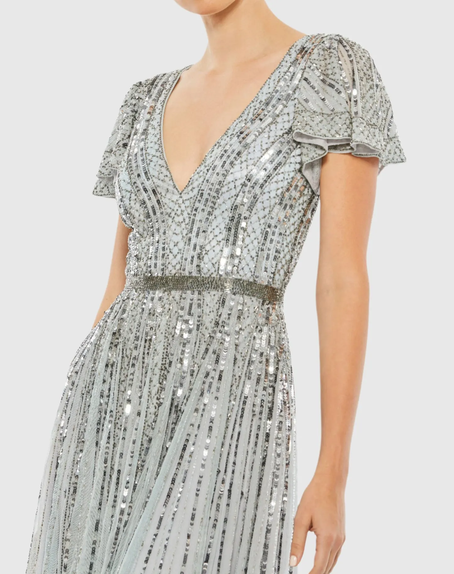 Stripe Sequin V Neck Gown - Slate Blue
