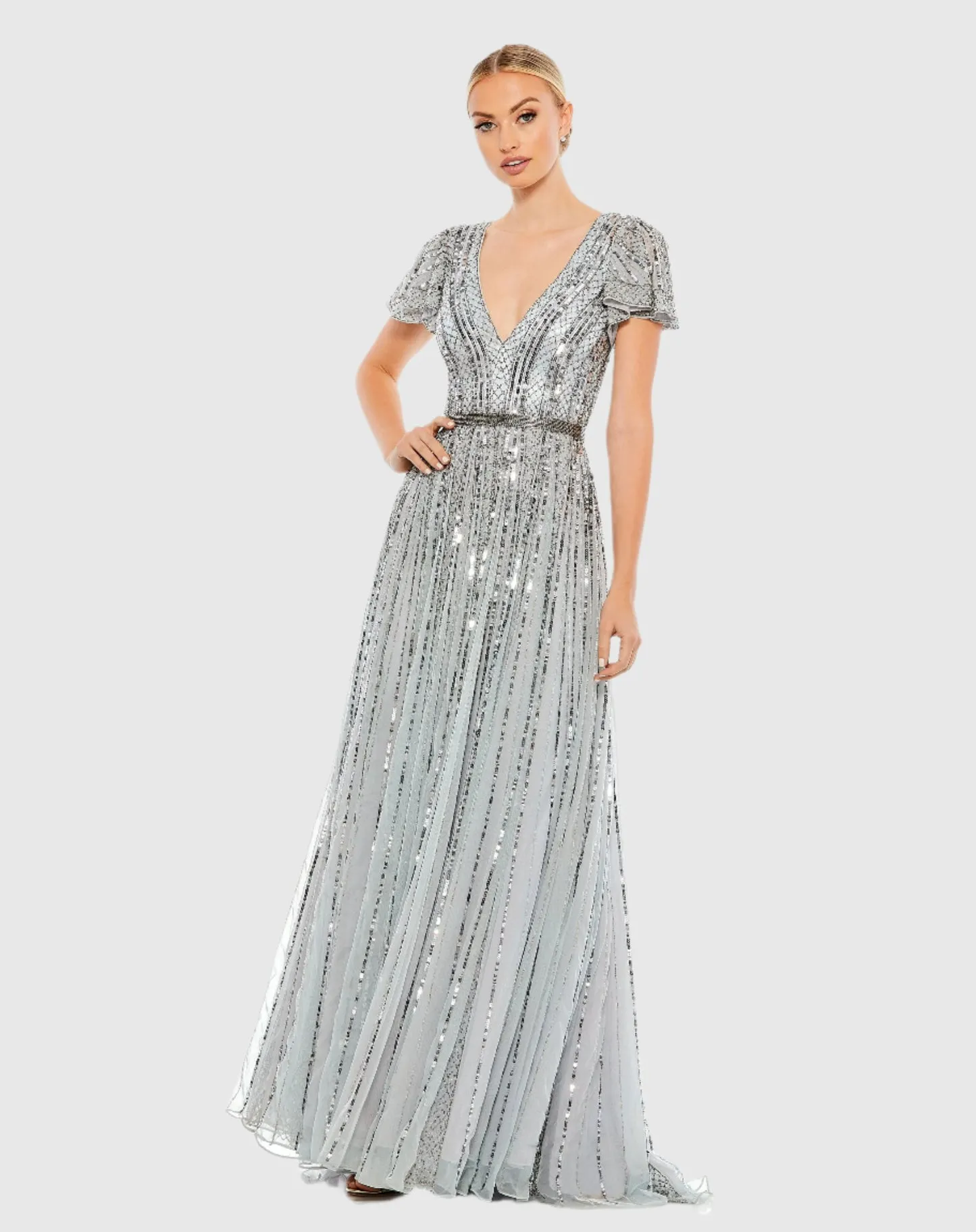 Stripe Sequin V Neck Gown - Slate Blue