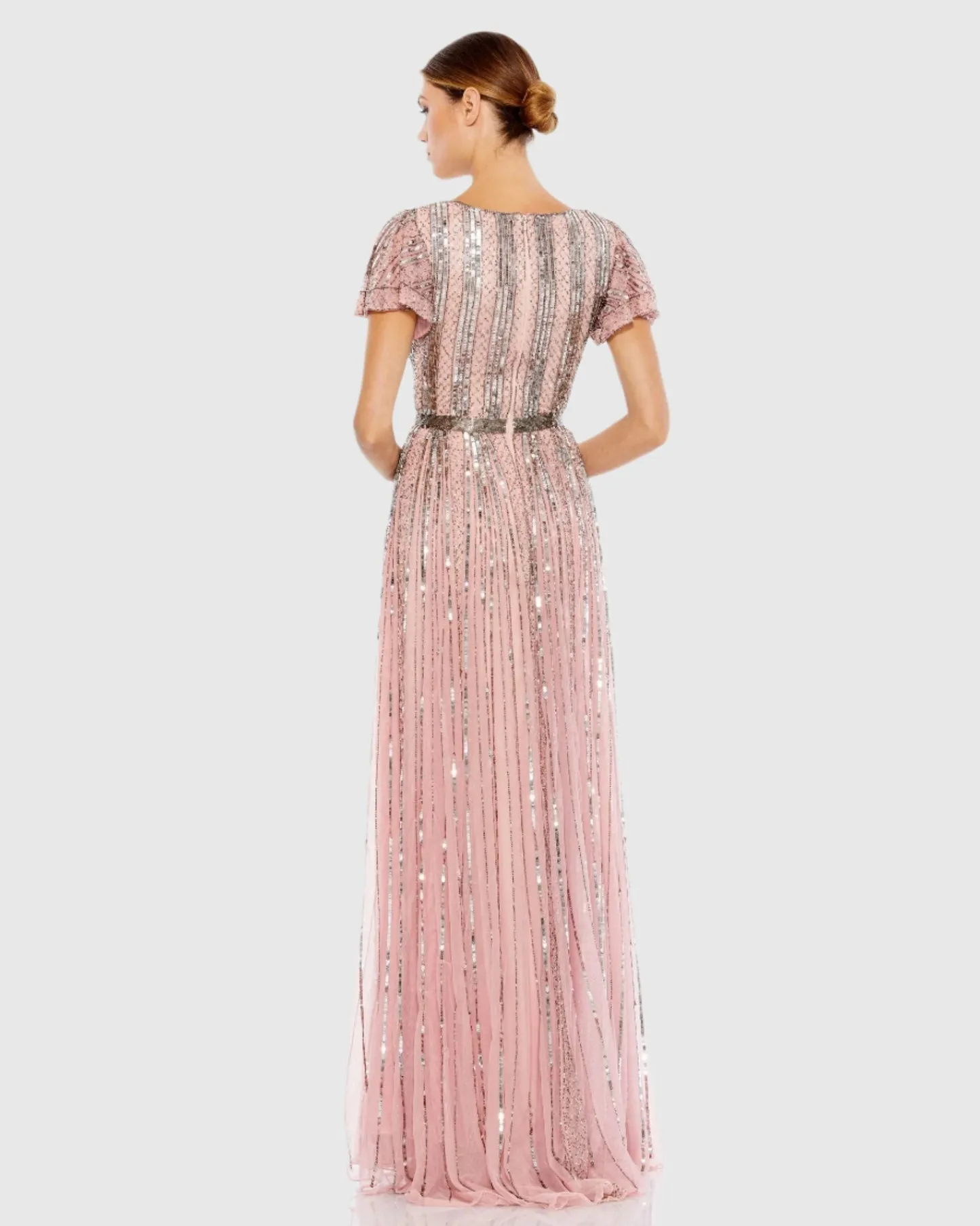 Stripe Sequin V Neck Gown - Slate Blue