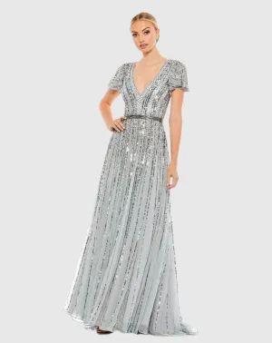 Stripe Sequin V Neck Gown - Slate Blue