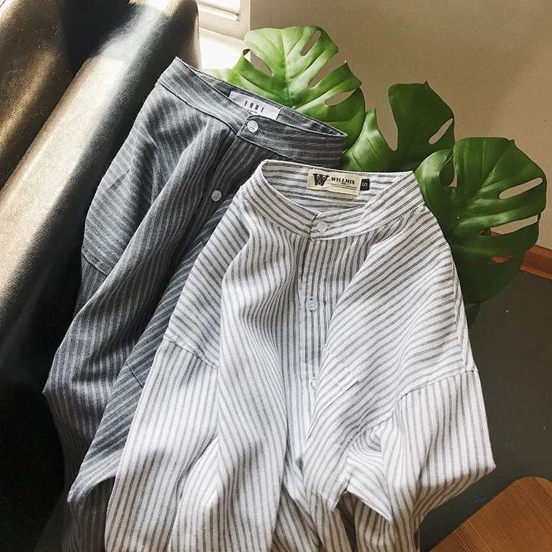 Stylish Striped Long Sleeved Shirt Men Korean Loose White Summer Sunscreen Hong Kong Japanese Men Shirt