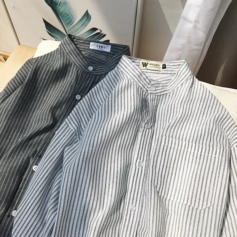 Stylish Striped Long Sleeved Shirt Men Korean Loose White Summer Sunscreen Hong Kong Japanese Men Shirt