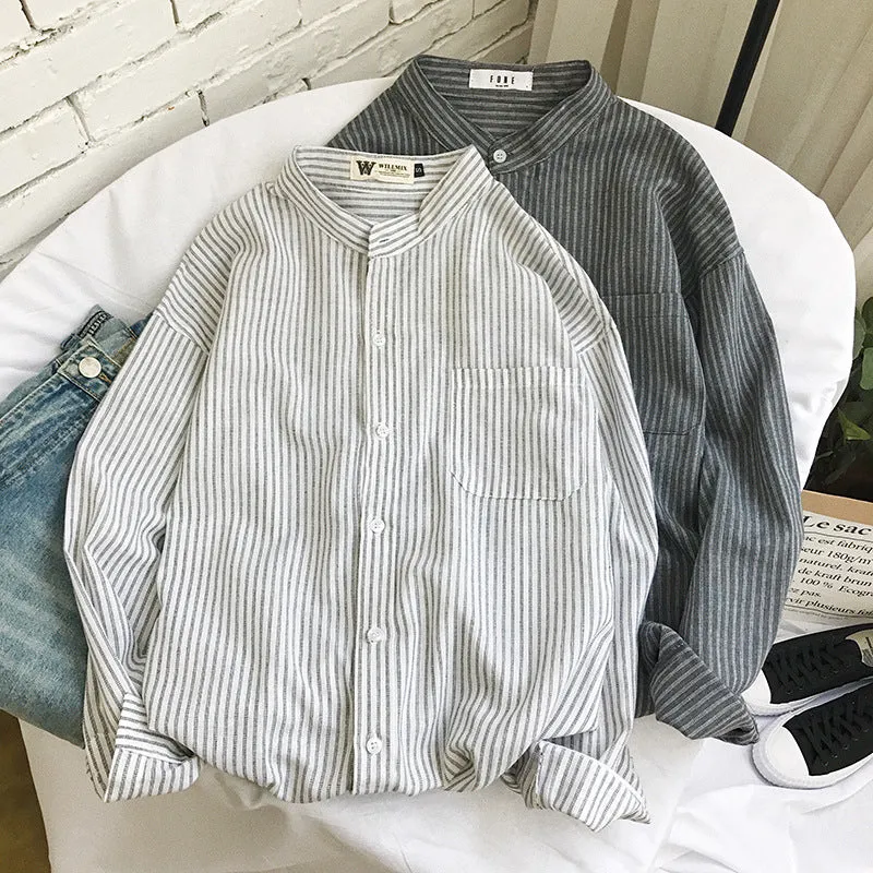 Stylish Striped Long Sleeved Shirt Men Korean Loose White Summer Sunscreen Hong Kong Japanese Men Shirt