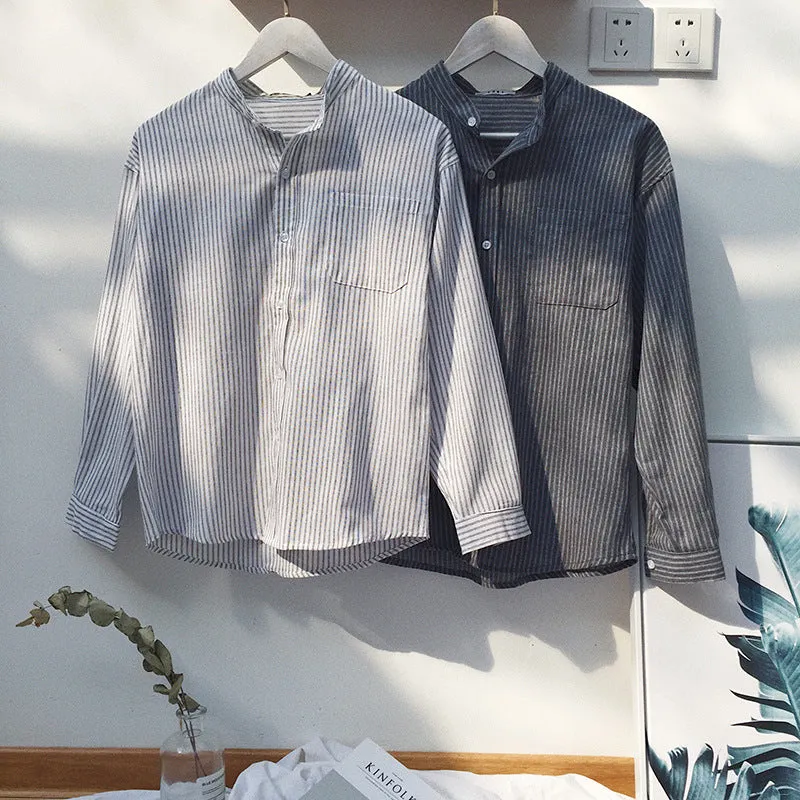 Stylish Striped Long Sleeved Shirt Men Korean Loose White Summer Sunscreen Hong Kong Japanese Men Shirt
