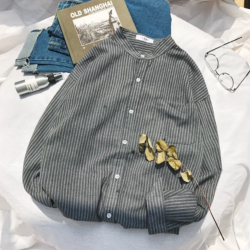 Stylish Striped Long Sleeved Shirt Men Korean Loose White Summer Sunscreen Hong Kong Japanese Men Shirt