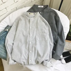 Stylish Striped Long Sleeved Shirt Men Korean Loose White Summer Sunscreen Hong Kong Japanese Men Shirt
