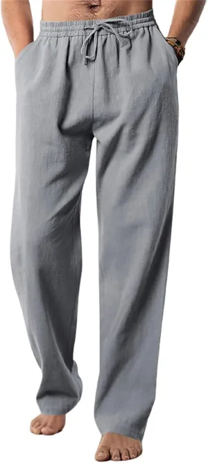 Thatrich Mens Casual Pants Relaxed Linen Beach Yoga Pant Workout Breathable Lightweight Trousers Summer Solid Color Joggers