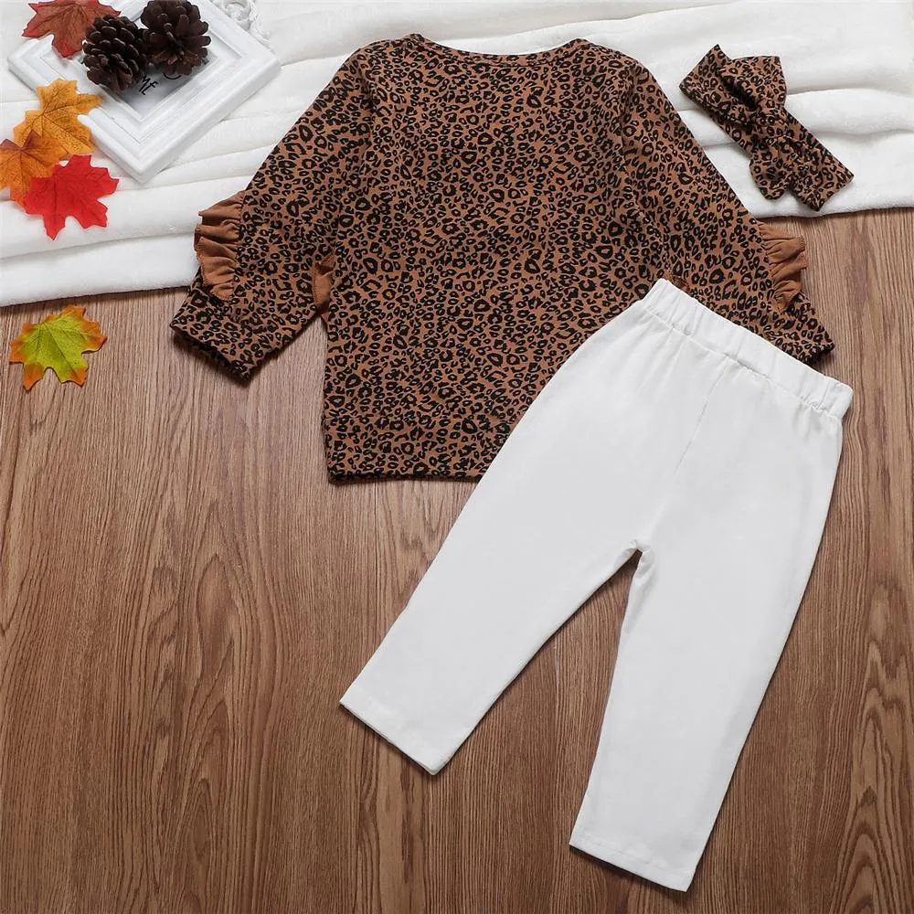 Toddler Girls Ruffled Leopard Long Sleeve Top & Pants & Headband Wholesale