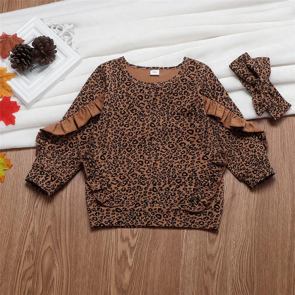 Toddler Girls Ruffled Leopard Long Sleeve Top & Pants & Headband Wholesale